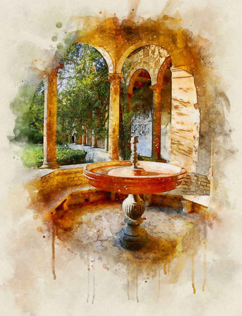 Aquarell eines Brunnens unter Arkaden